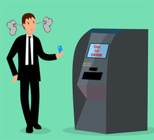 NCR ATM service helps keep machines in order and customers happy-ATM show with out of order message in front of angry client