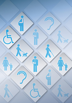 Various disability icons in blue on white diamonds for website designer Ocean County professionals